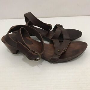cote' femme~Brown Leather Open-toe Sandals Wood Base~Buckle Size 8